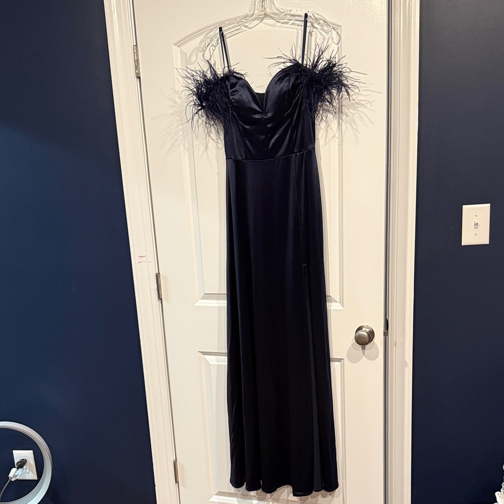 Elegant Blue Maxi Dress with Feather Detail